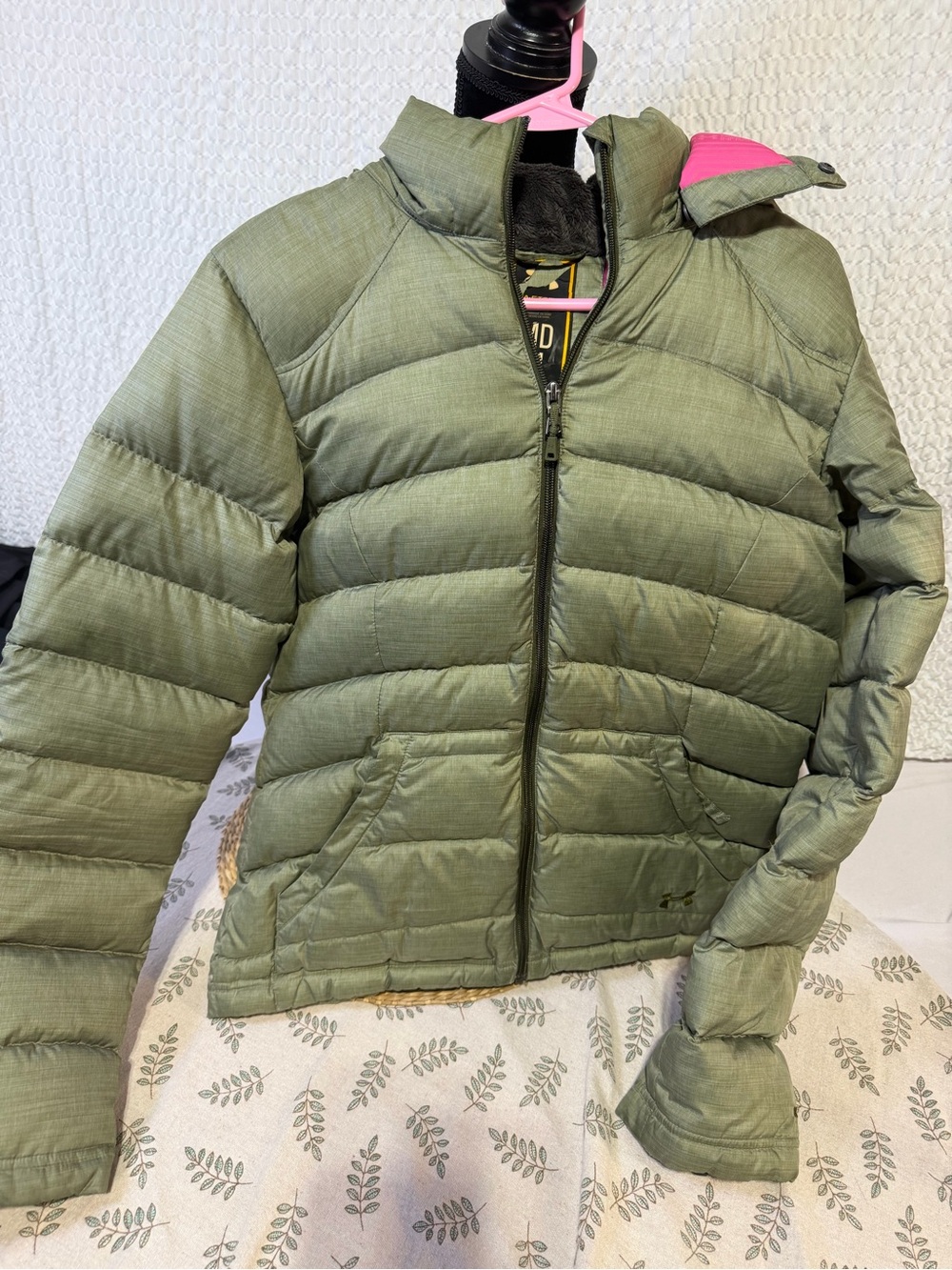 Under Armour Olive Green Puffer Jacket with Pink Hood Accent